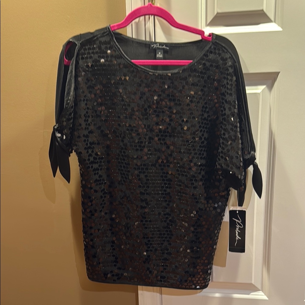 Black Sequin Top with slit sleeves and ties